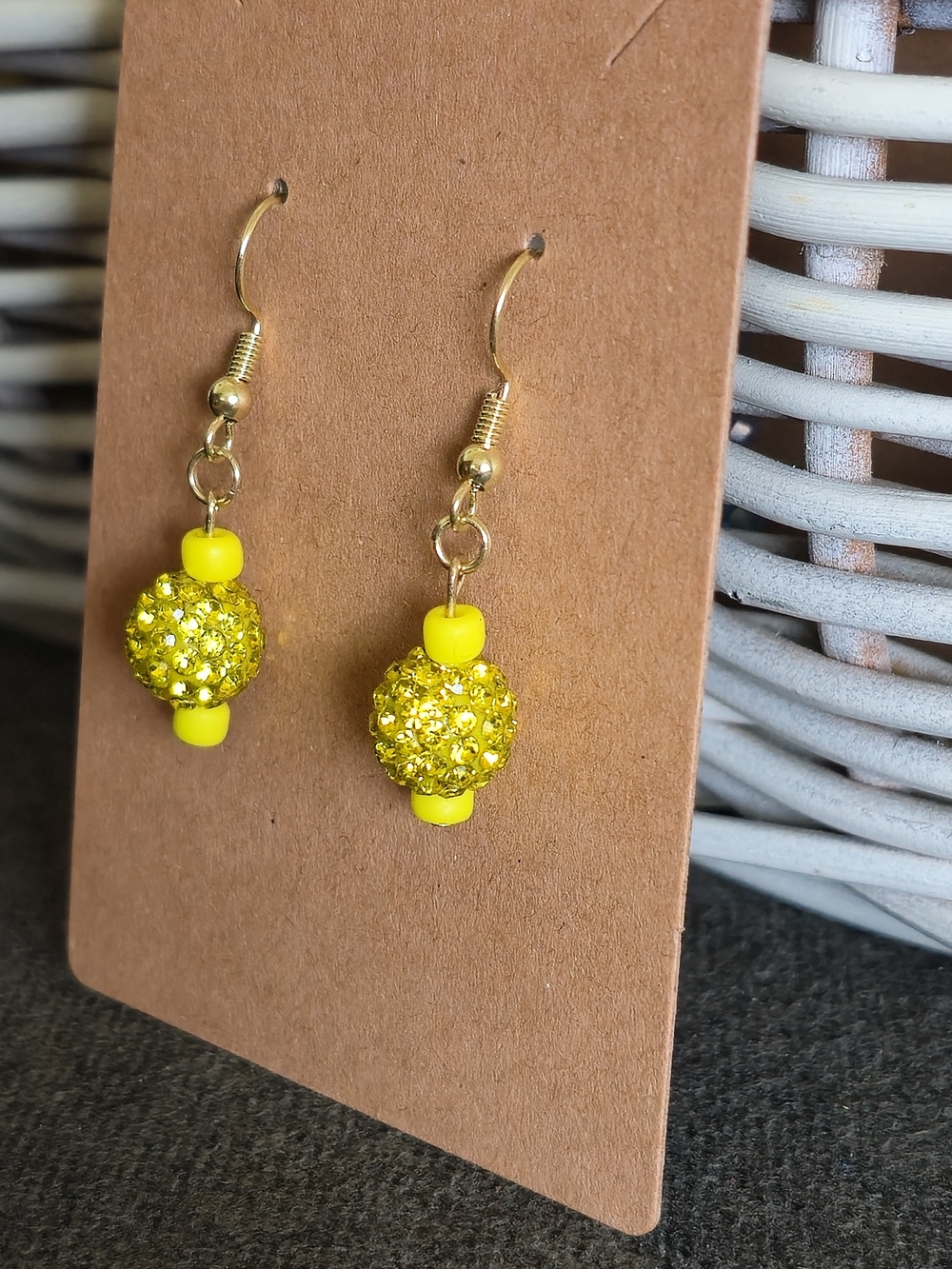 NWT Handmade Yellow Rhinestone Pave Ball Dangle Earrings Gold Tone